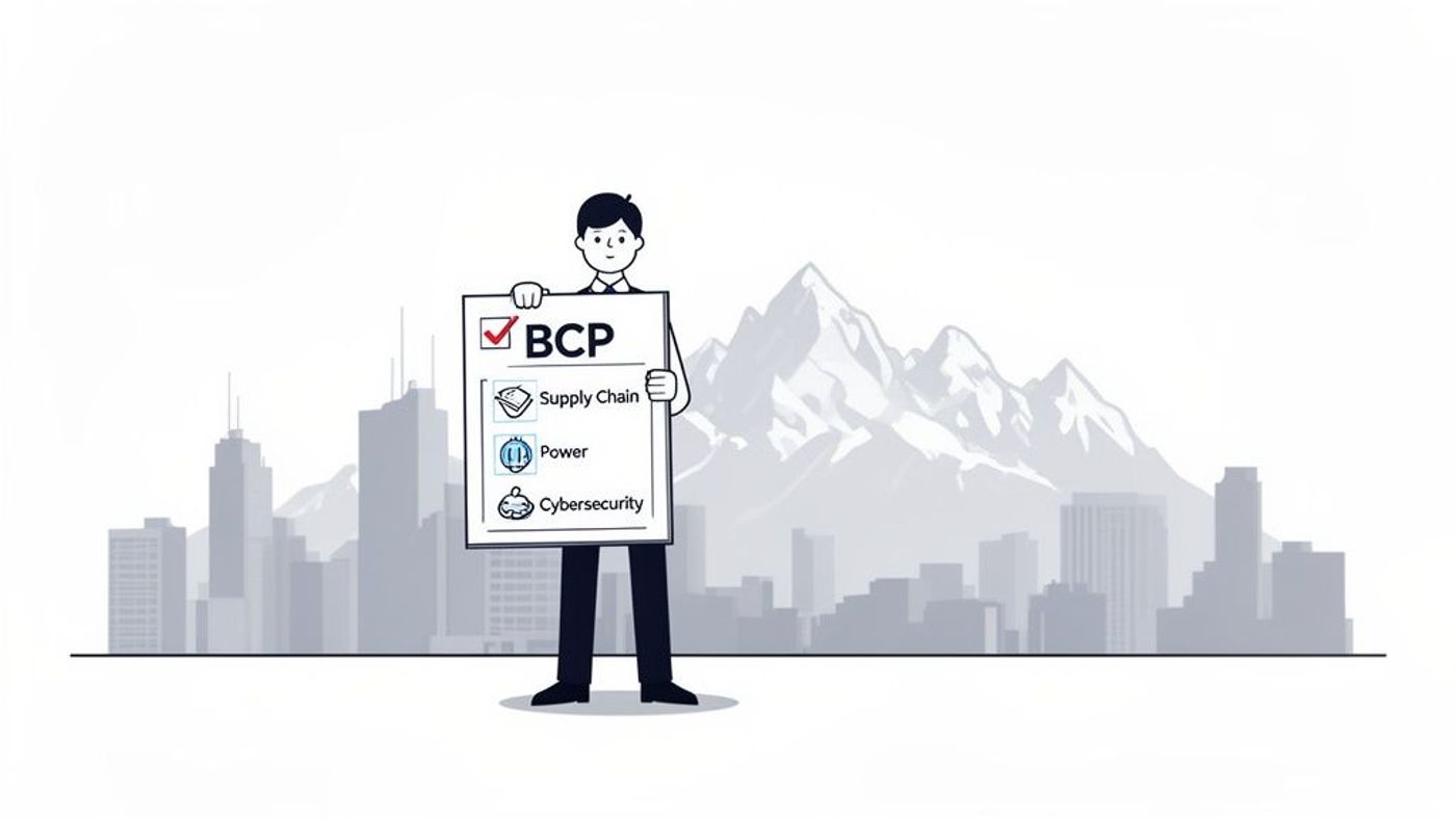 Cartoon man holding a checklist for Business Continuity Plan (BCP), covering supply chain, power, and cybersecurity.