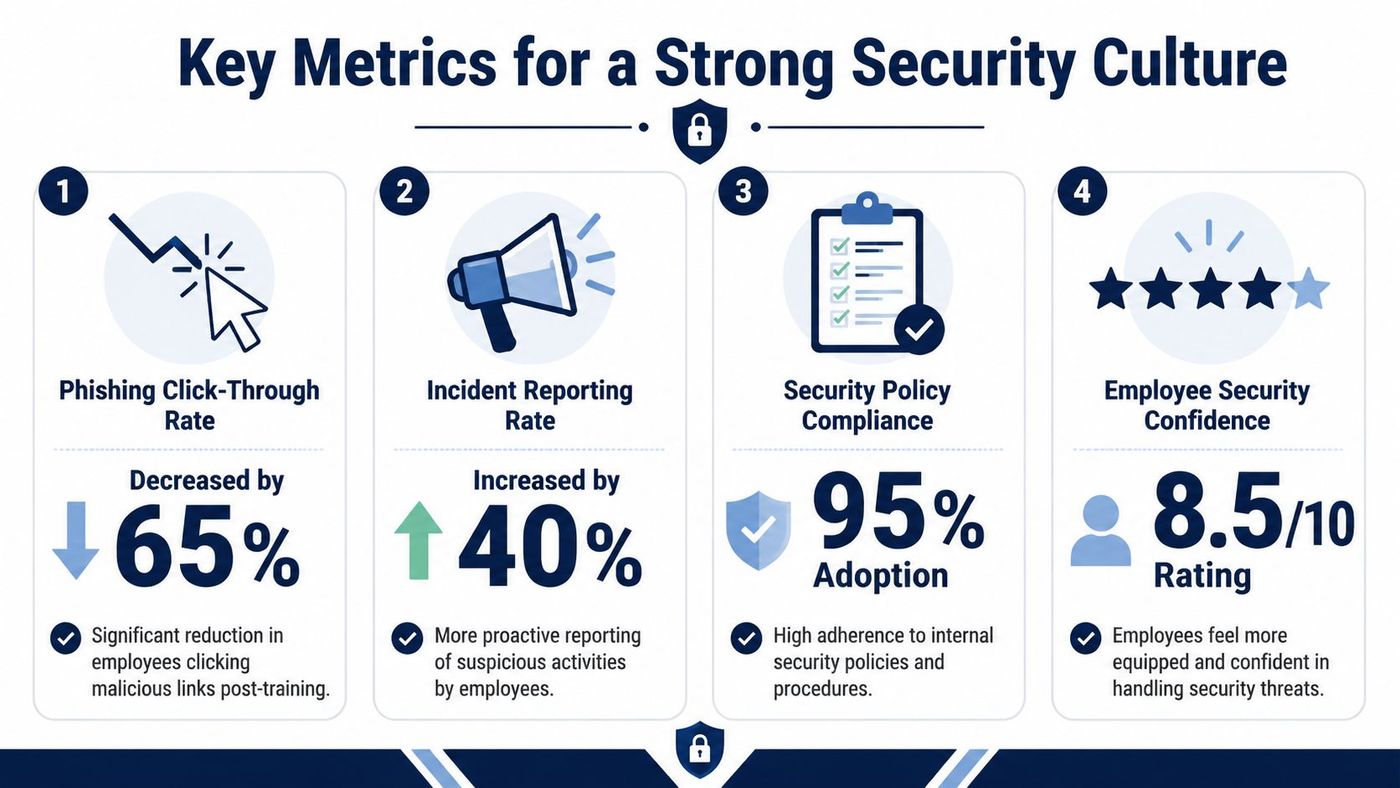 An infographic detailing four key metrics for measuring organizational security culture including phishing rates and employee confidence.