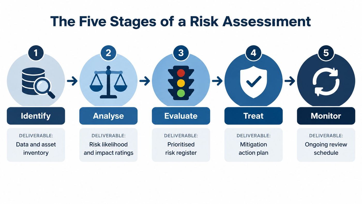 A diagram illustrating the five stages of a risk assessment framework: identify, analyse, evaluate, treat, and monitor.