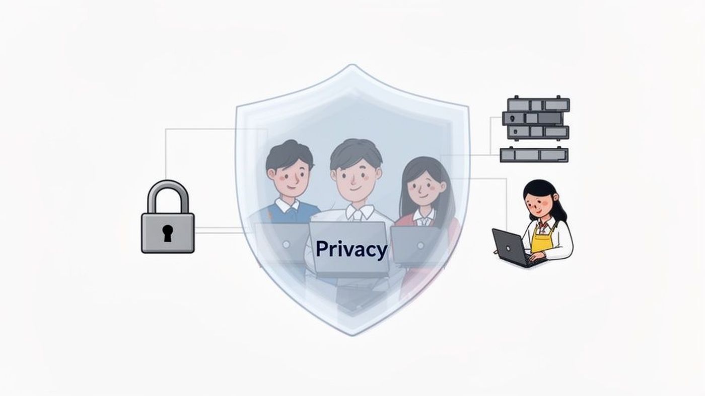A shield with 'Privacy' text protects three people using laptops, connected to a padlock and server racks, illustrating data security.