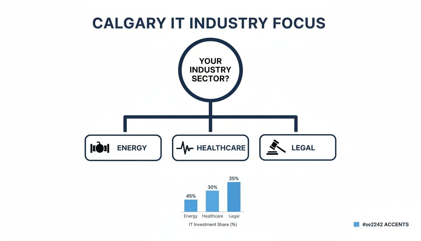 Calgary IT industry focus chart, showing IT investment share in energy, healthcare, and legal sectors.