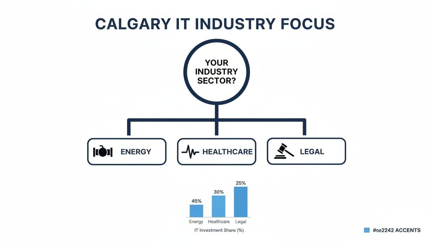 Calgary IT industry focus chart, showing IT investment share in energy, healthcare, and legal sectors.