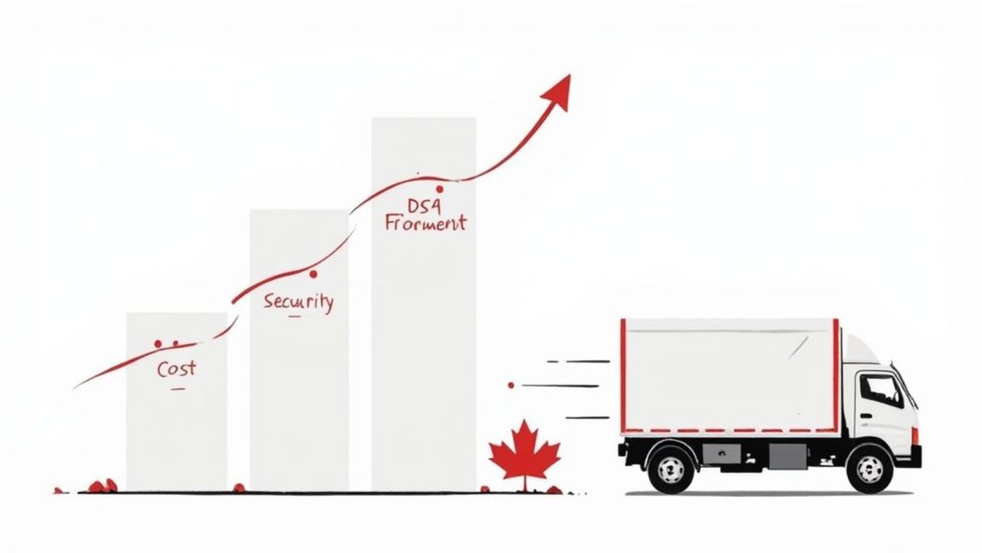 An illustration of a rising trend for cost, security, and DSA Froment, with a Canadian delivery truck.