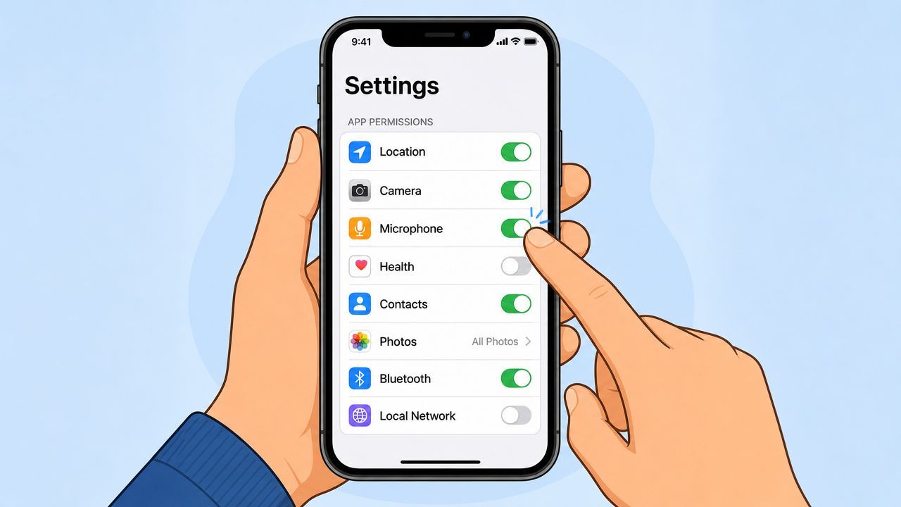 A hand interacting with a smartphone screen to toggle microphone permissions within the device settings menu.