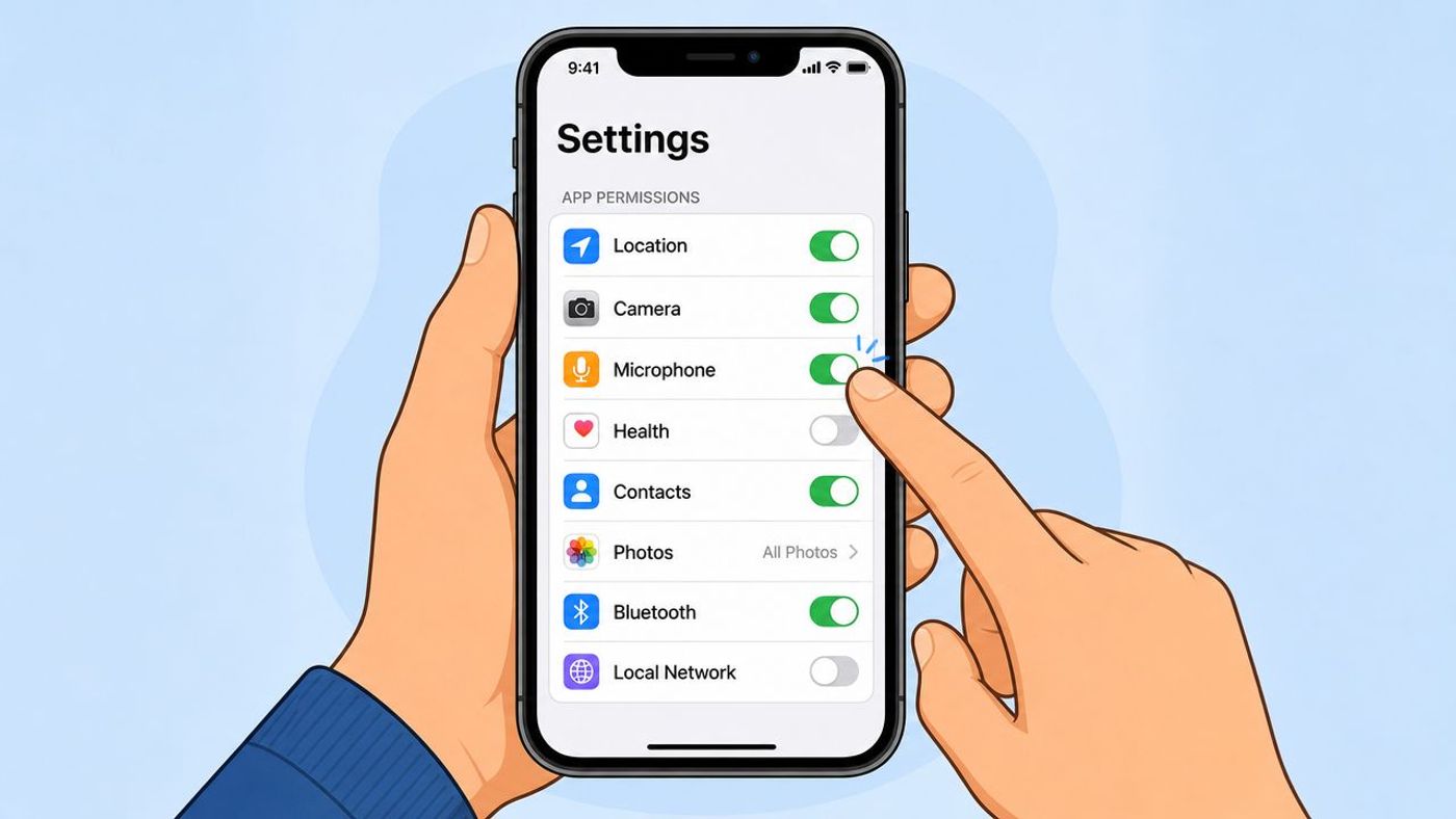 A hand interacting with a smartphone screen to toggle microphone permissions within the device settings menu.