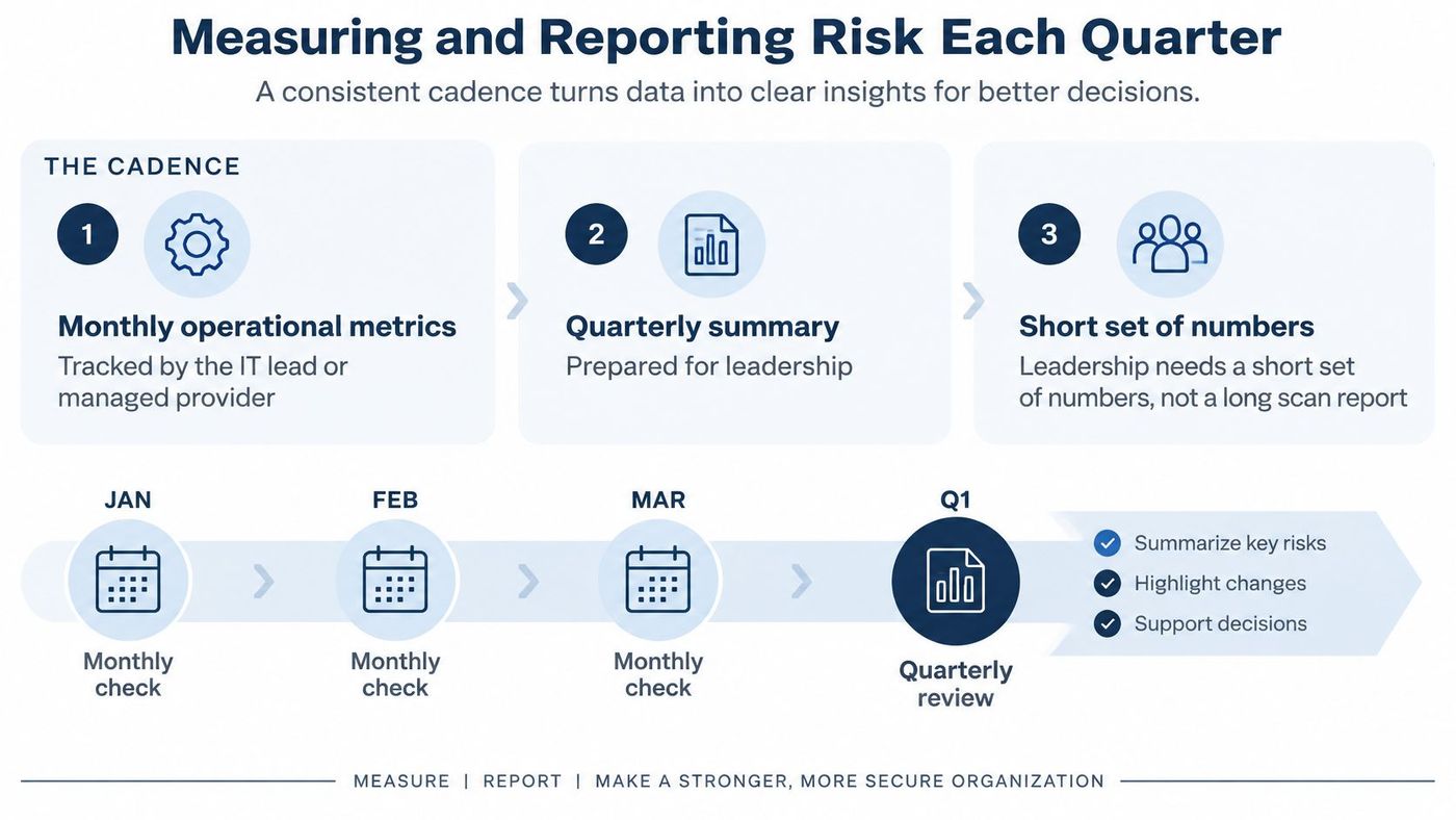 A diagram illustrating the quarterly process for measuring, reporting, and managing IT security risks effectively.