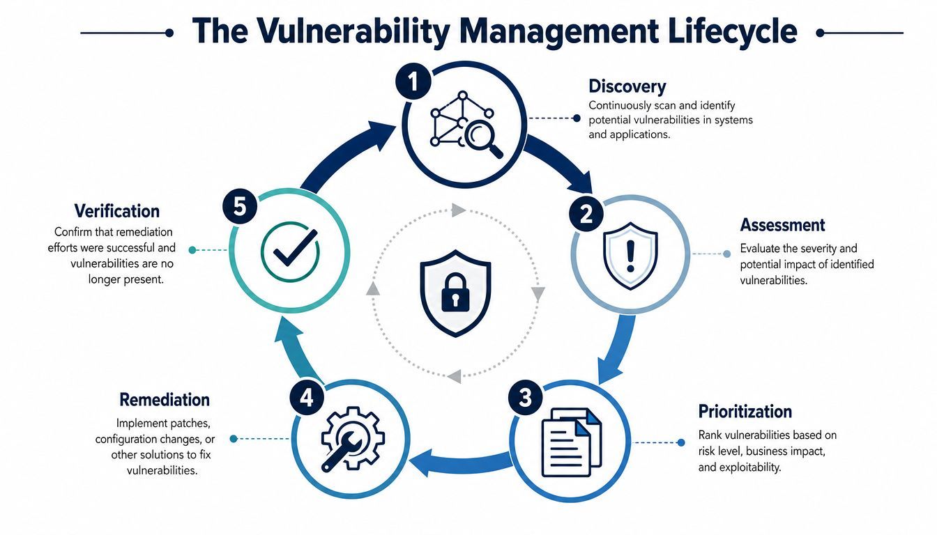 A diagram illustrating the five-step vulnerability management lifecycle, from discovery and assessment to verification.