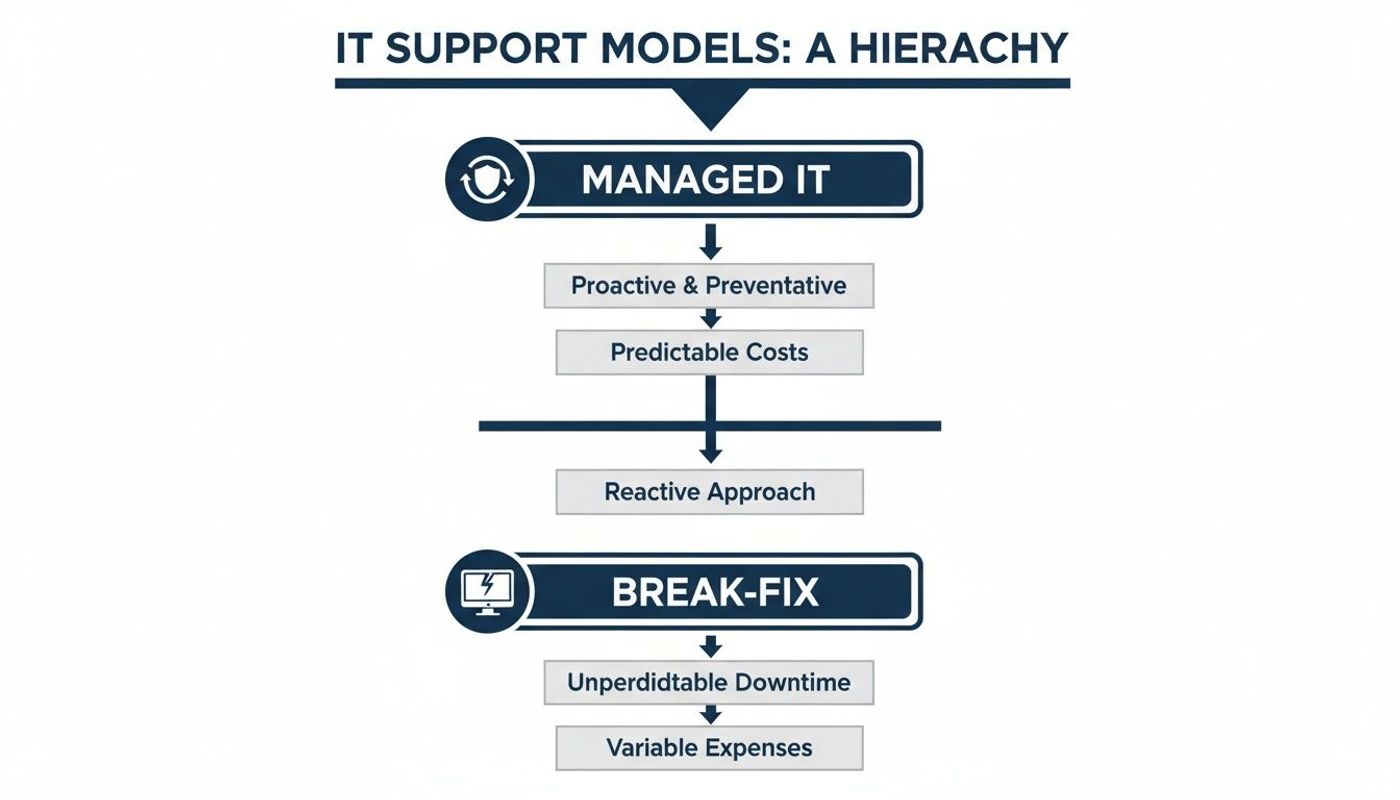 A hierarchical diagram comparing Managed IT with Proactive, Preventative, and Predictable Costs to Break-Fix with Unpredictable Downtime and Variable Expenses.