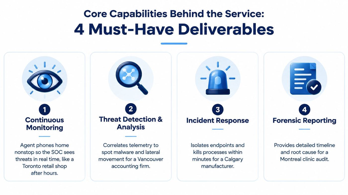 An infographic detailing four core managed EDR service deliverables including continuous monitoring, threat detection, incident response, and reporting.