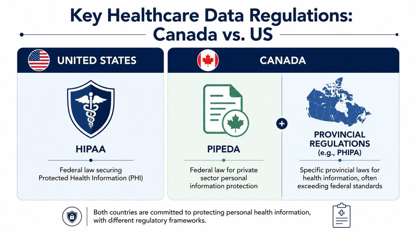 A comparison chart showing key healthcare data privacy regulations for the United States and Canada.