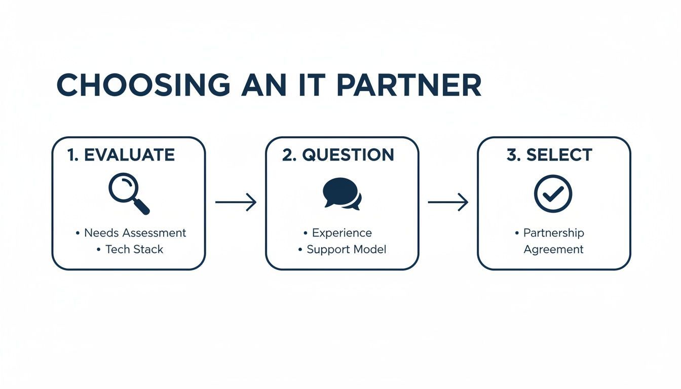 An infographic outlining three steps for choosing an IT partner: evaluate, question, and select.