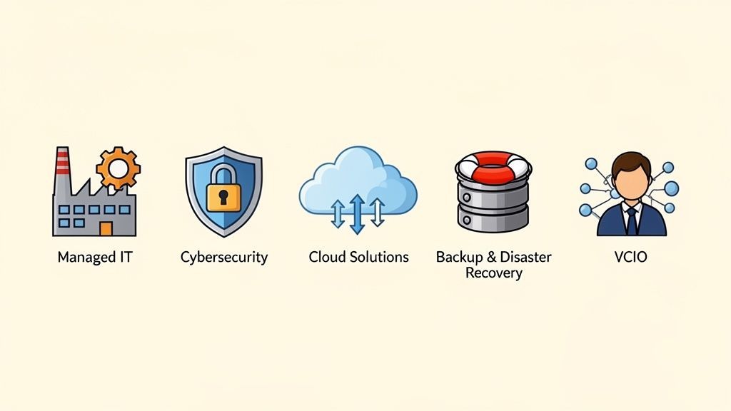 Five icons illustrating IT services: Managed IT, Cybersecurity, Cloud Solutions, Backup, Disaster Recovery, and vCIO.