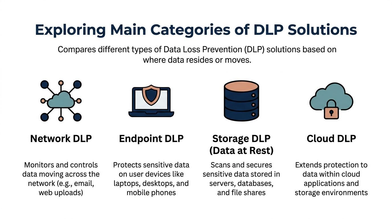 An infographic showing four main categories of data loss prevention solutions including network, endpoint, storage, and cloud.