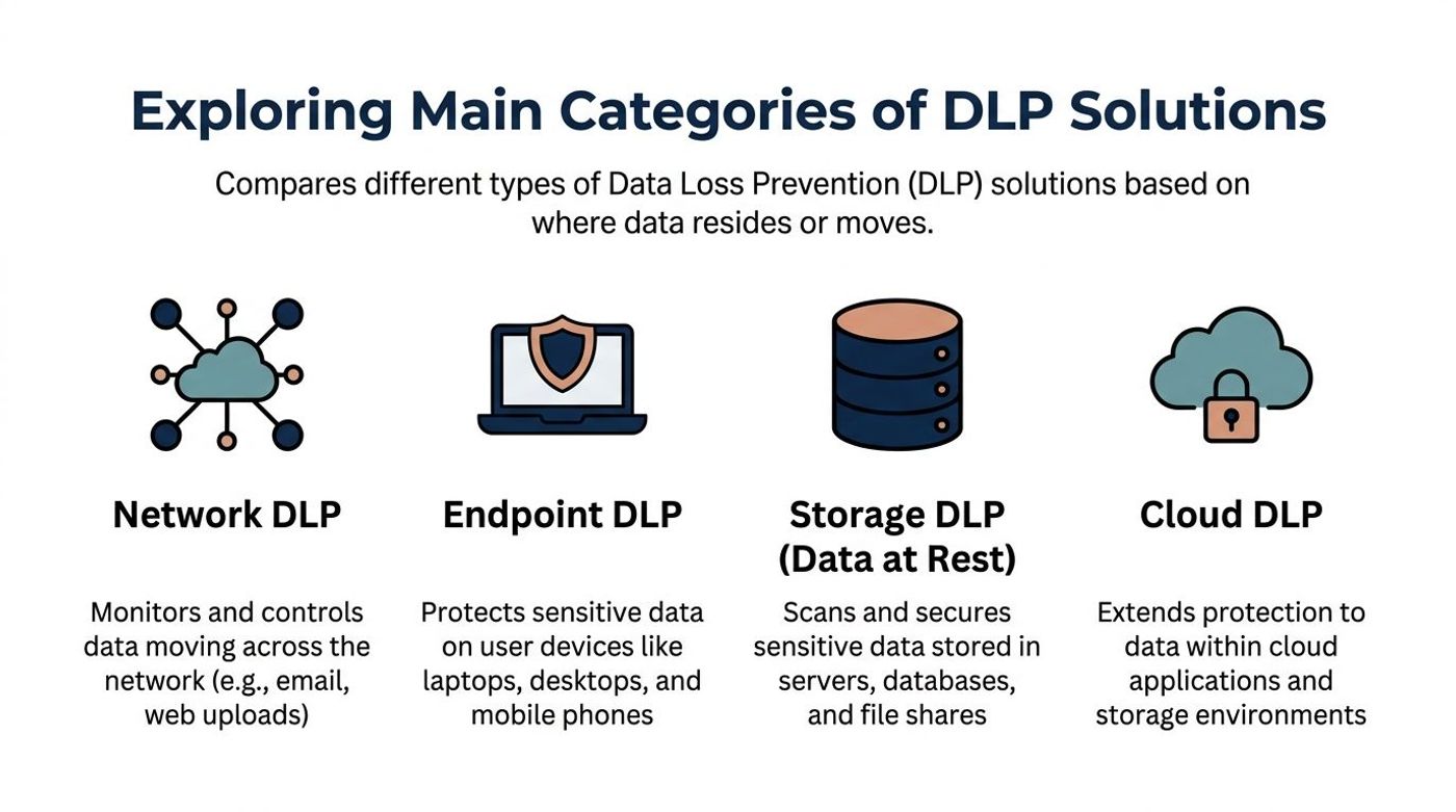 An infographic showing four main categories of data loss prevention solutions including network, endpoint, storage, and cloud.