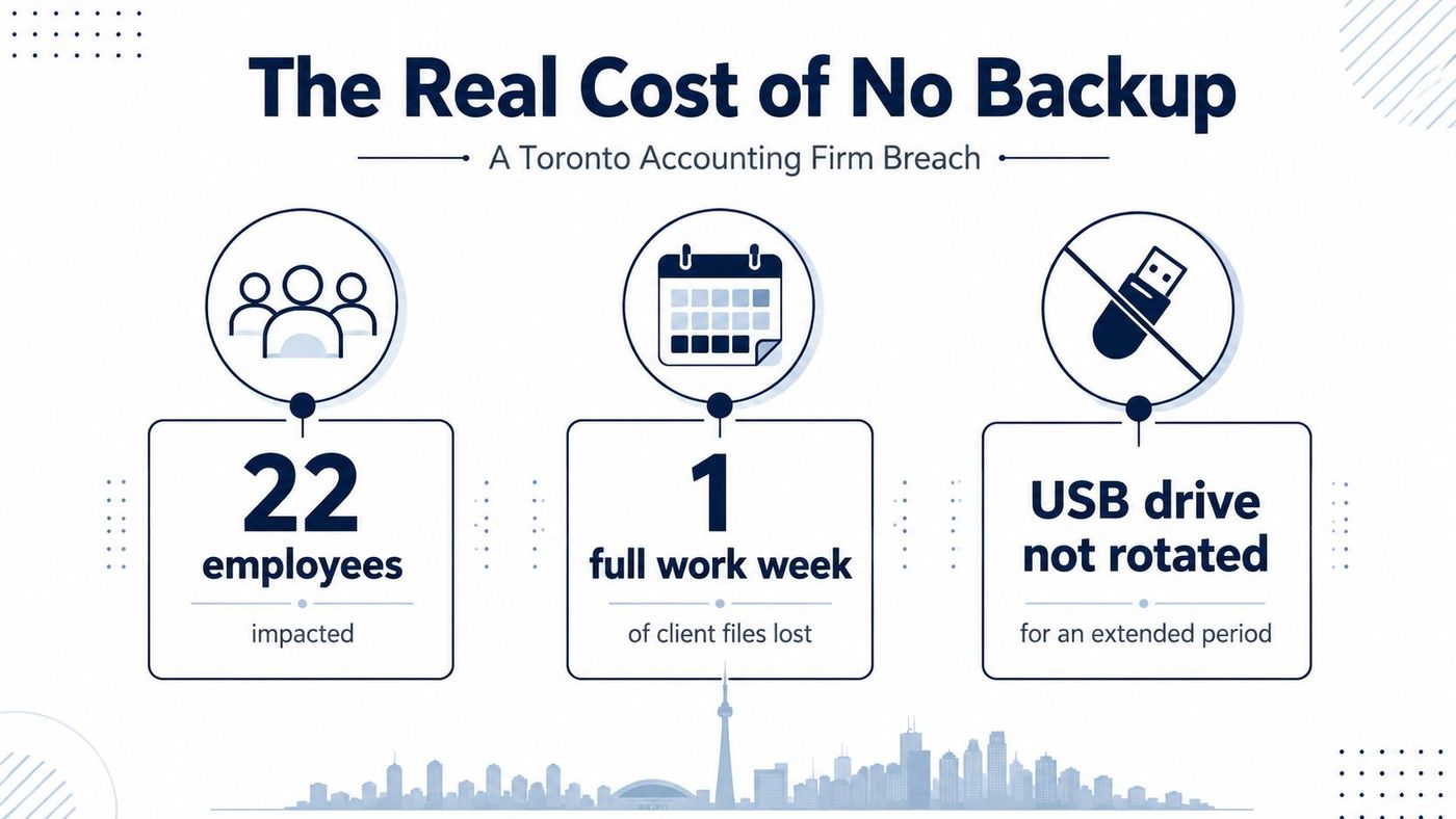 An infographic detailing the impact of a data breach at a Toronto accounting firm due to no backups.