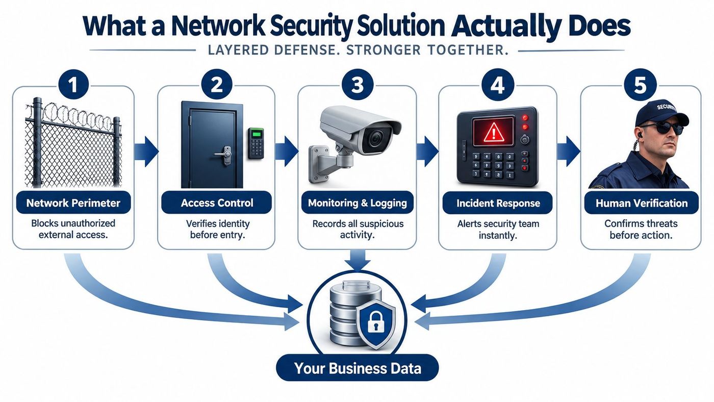 A diagram illustrating five layers of a network security solution protecting sensitive business data with perimeter defense.