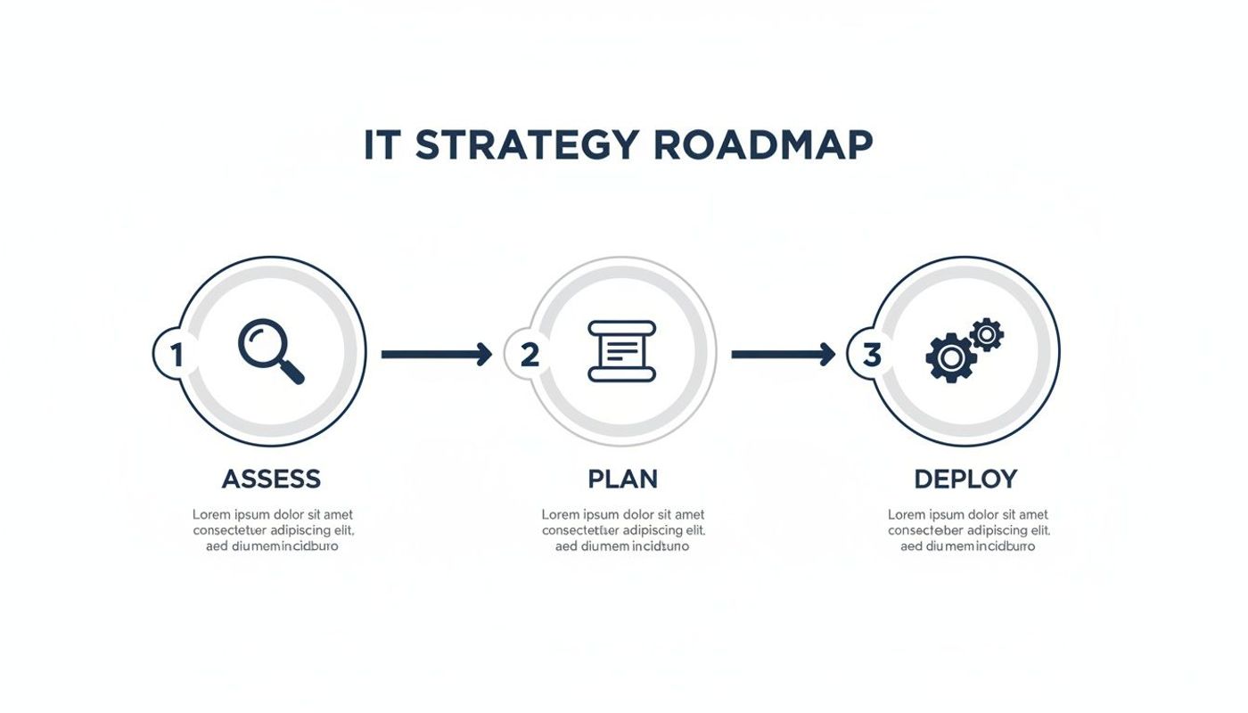 An IT strategy roadmap illustrating three sequential steps: Assess, Plan, and Deploy, with relevant icons.