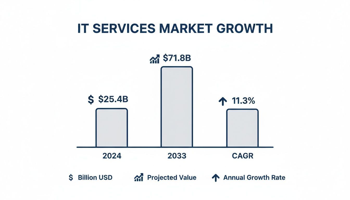 Bar chart showing IT services market growth from $25.4B in 2024 to $71.8B in 2033.