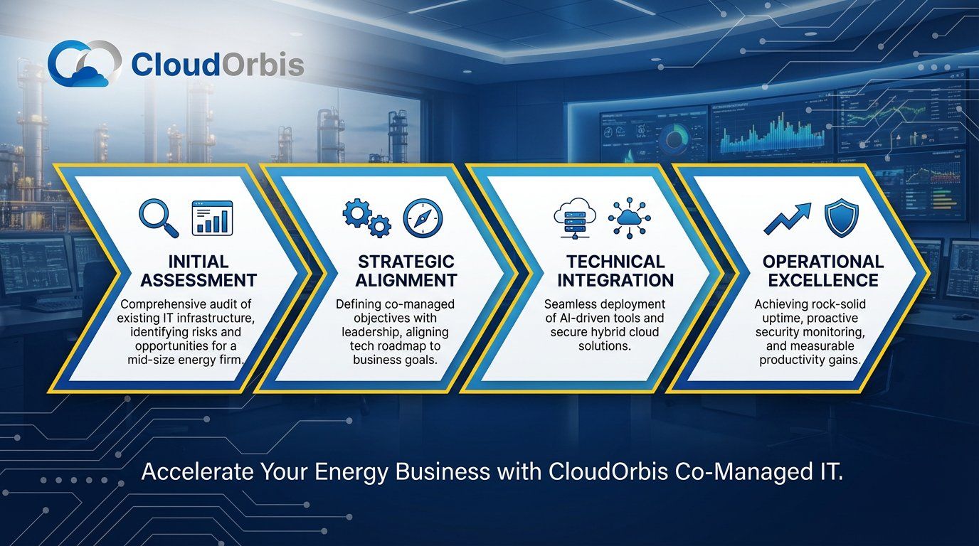 Infographic illustrating CloudOrbis' four-step co-managed IT process for energy businesses, including assessment and integration.