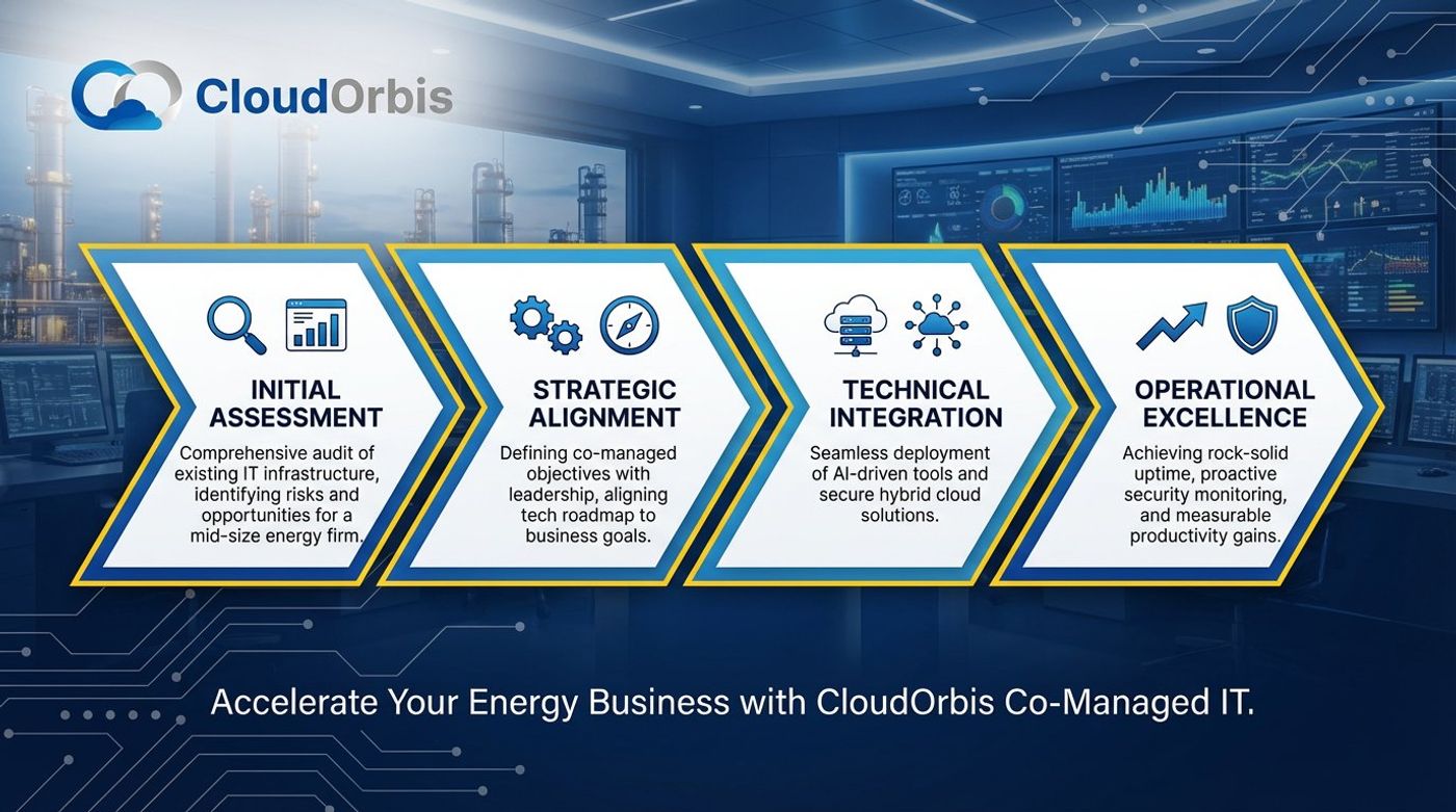 Infographic illustrating CloudOrbis' four-step co-managed IT process for energy businesses, including assessment and integration.