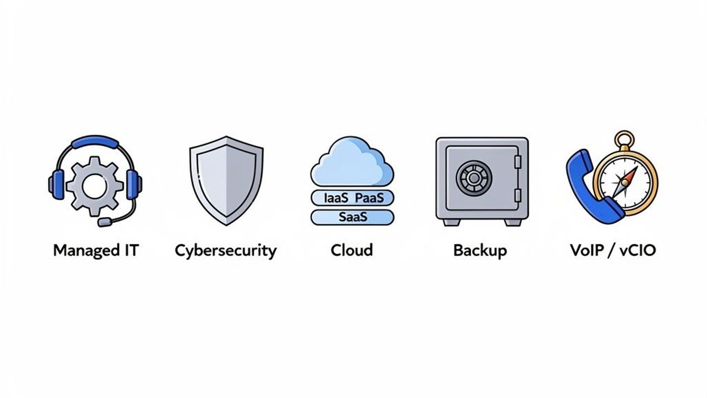 Icons representing IT services: Managed IT, Cybersecurity, Cloud, Backup, and VoIP/vCIO.