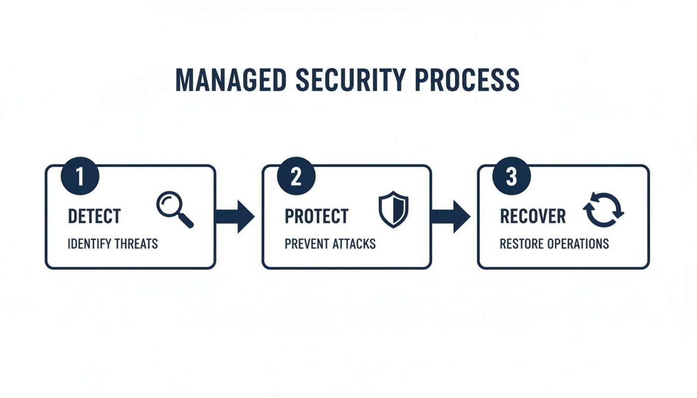 An infographic depicting the three-step managed security process: detect, protect, and recover.