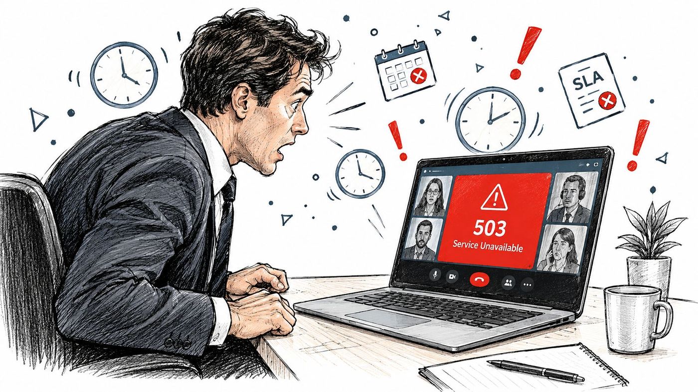 A stressed businessman looks in shock at a laptop screen displaying a 503 Service Unavailable error message.