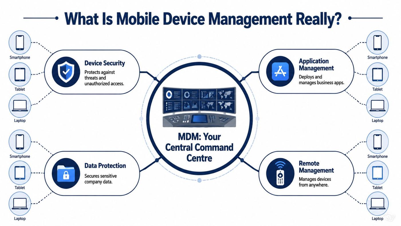 A diagram illustrating Mobile Device Management functions like security, data protection, application management, and remote device control.