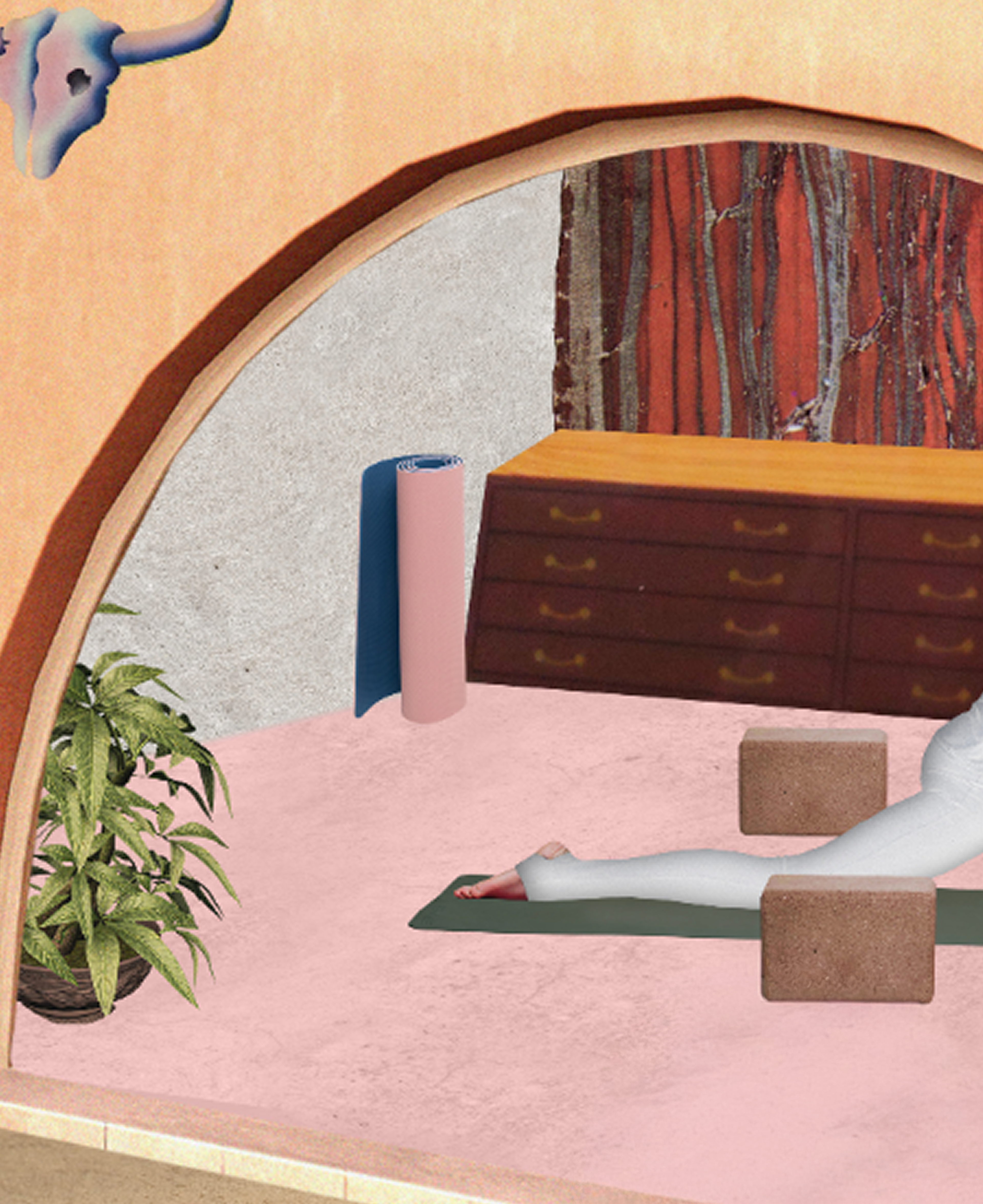 collage of person doing yoga in a room