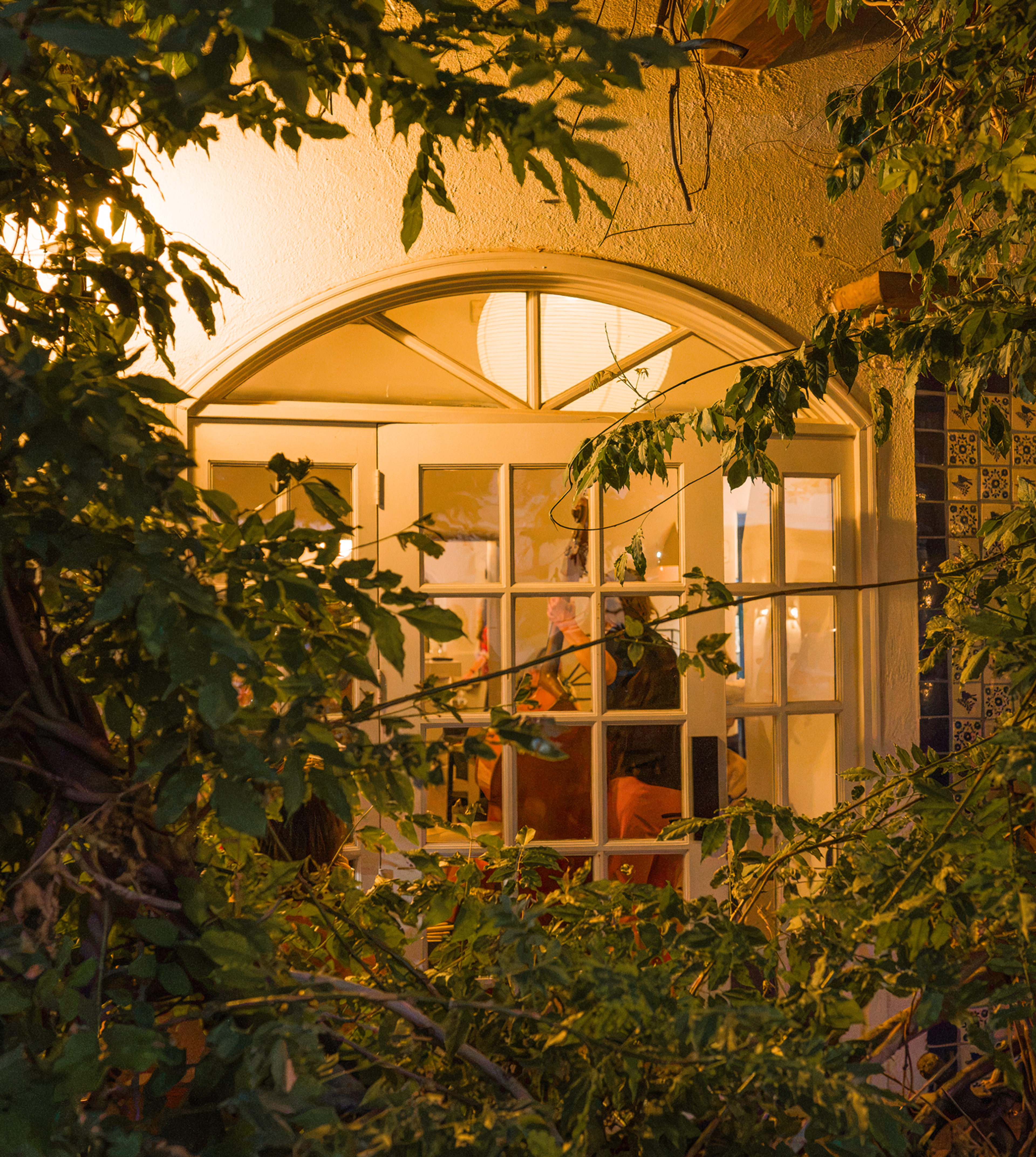 peering through window at band playing instruments