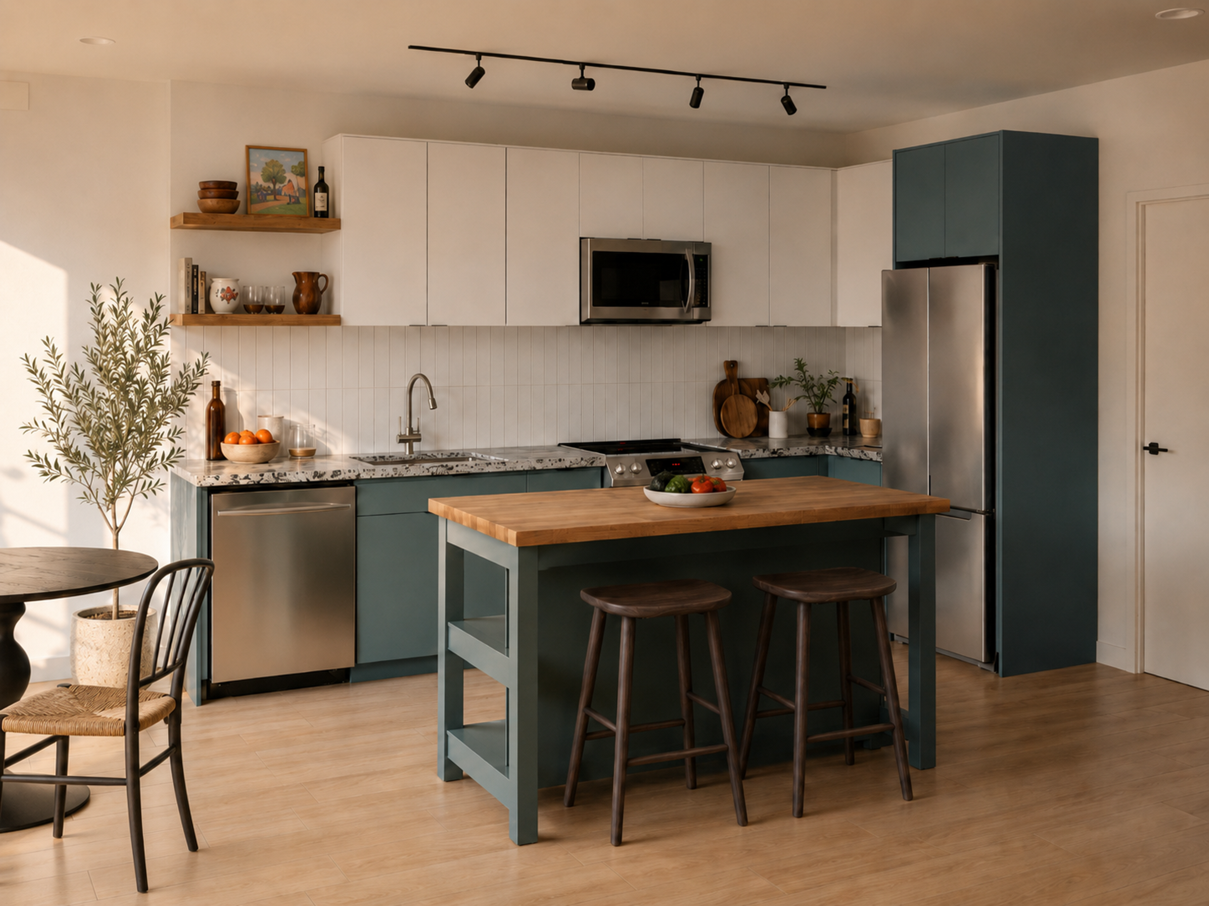 kitchen with a bar stool table