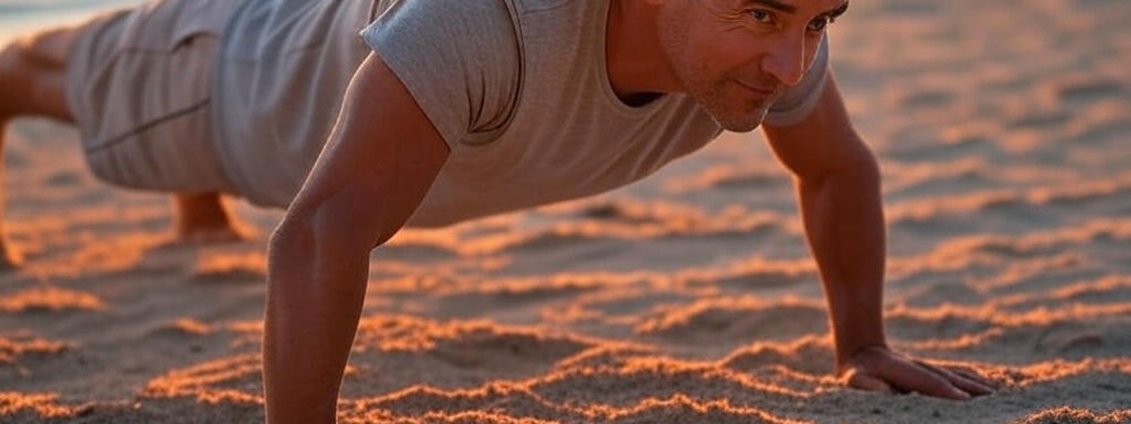 a man is doing push ups on the beach at sunset .