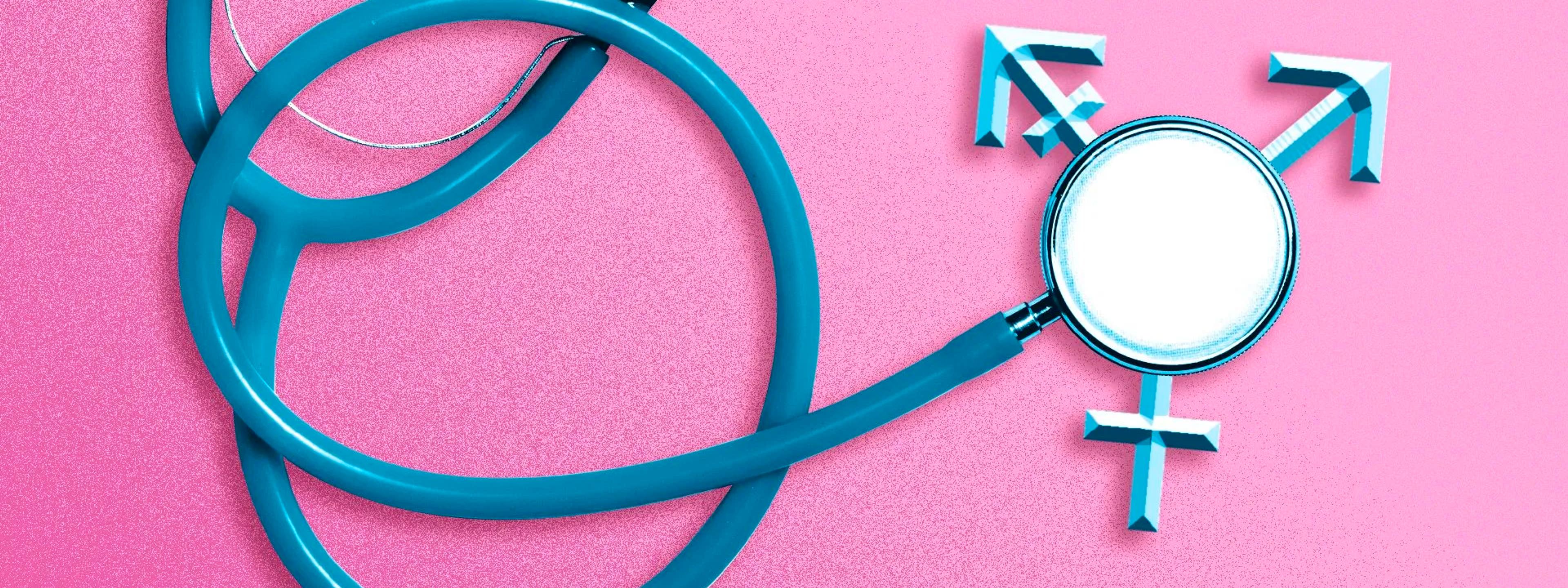 a stethoscope with a magnifying glass and a transgender symbol on a pink background .