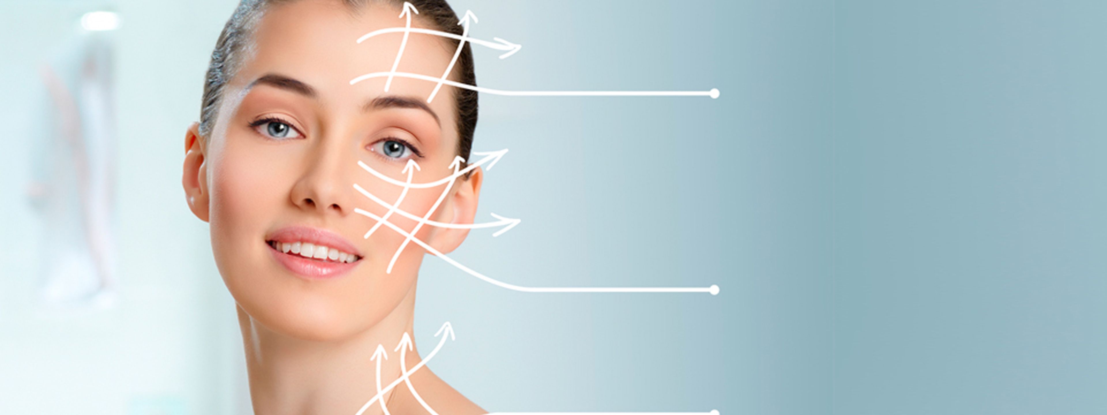 a woman with arrows pointing to different parts of her face .