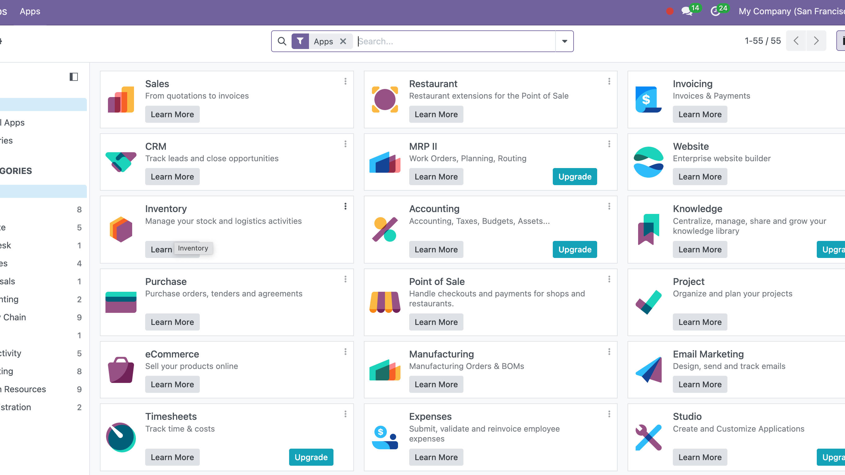 screenshot of odoo community app store