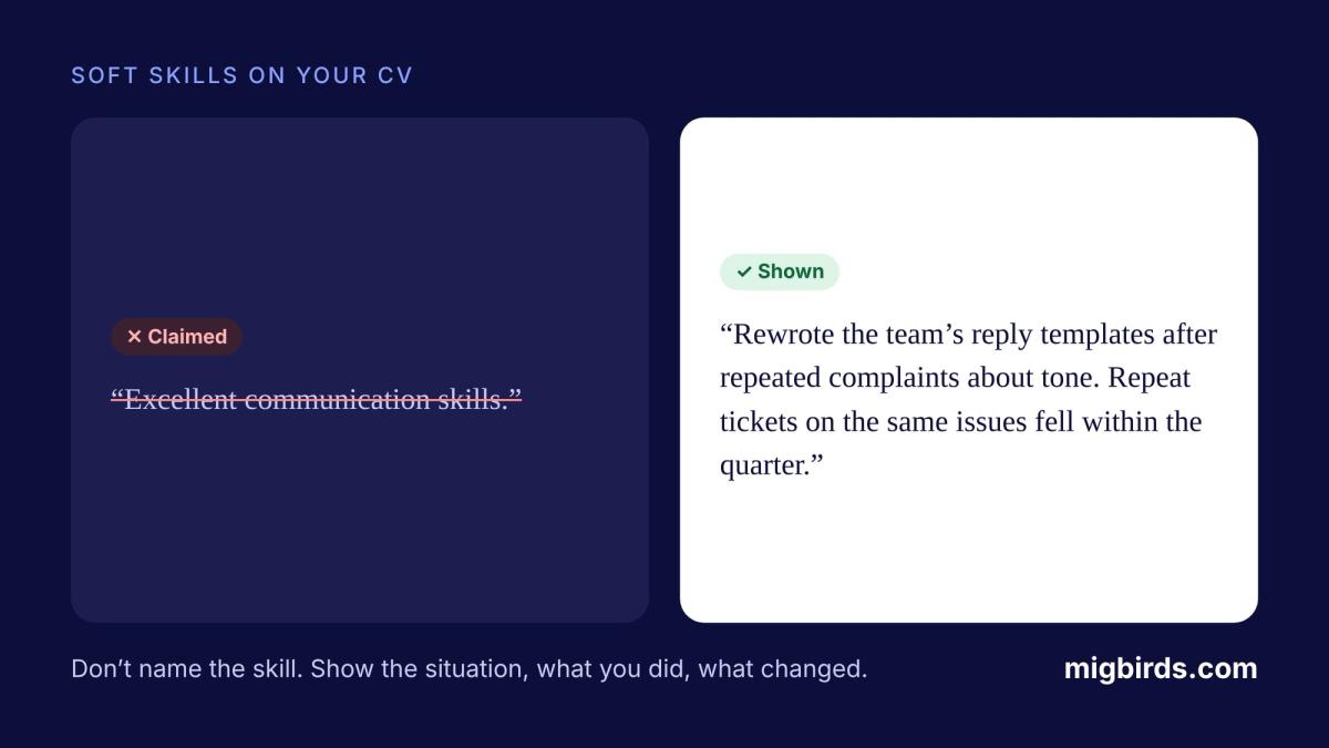 Two cards side by side. Left, crossed out: Excellent communication skills. Right: Rewrote the team's reply templates after repeated complaints about tone; repeat tickets on the same issues fell within the quarter.