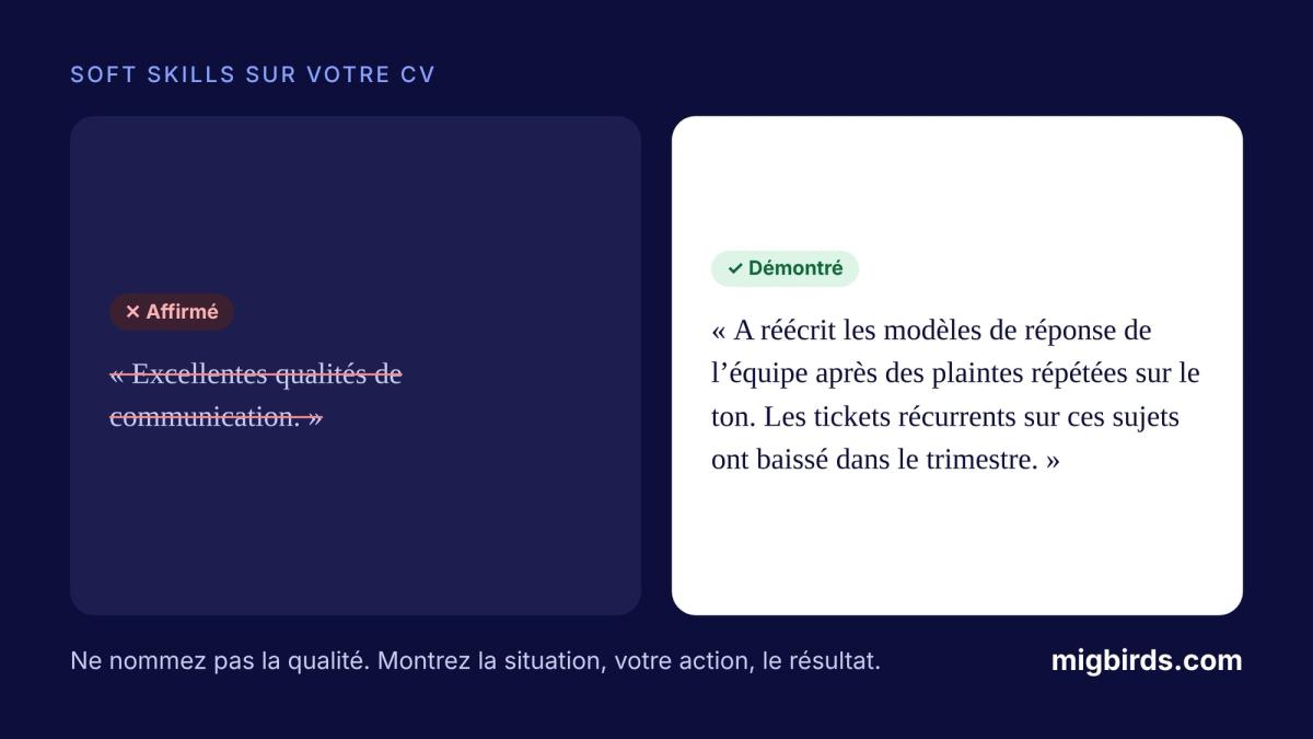 Deux cartes côte à côte. À gauche, barré : Excellentes qualités de communication. À droite : A réécrit les modèles de réponse de l'équipe après des plaintes répétées sur le ton ; les tickets récurrents ont baissé dans le trimestre.