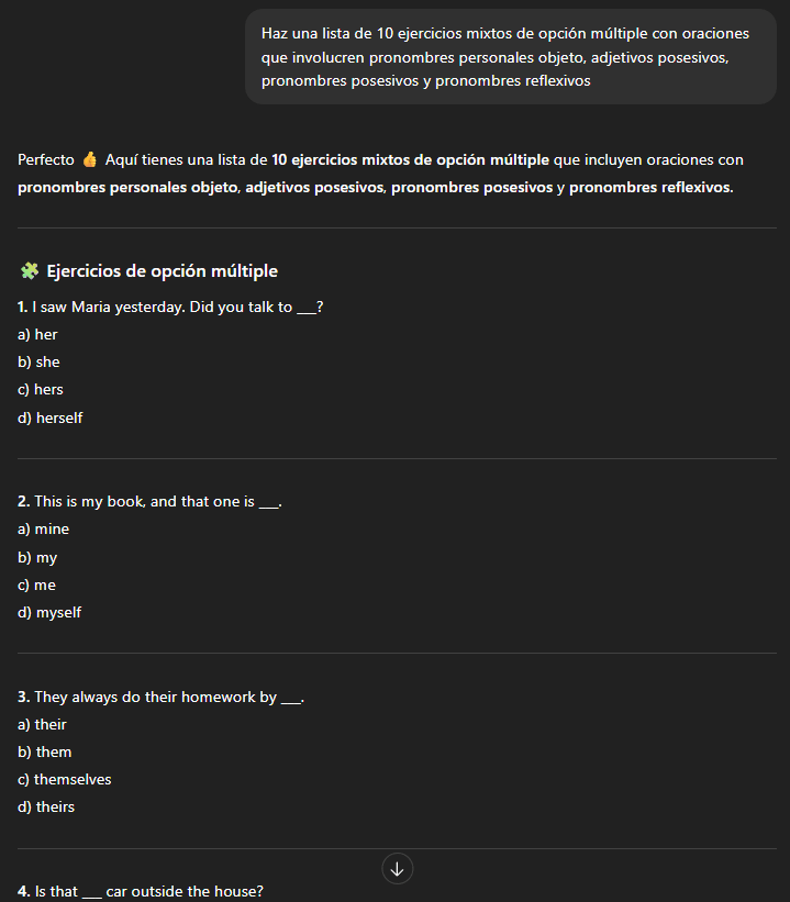 Ejemplo de prompt de ejercicios de ingles