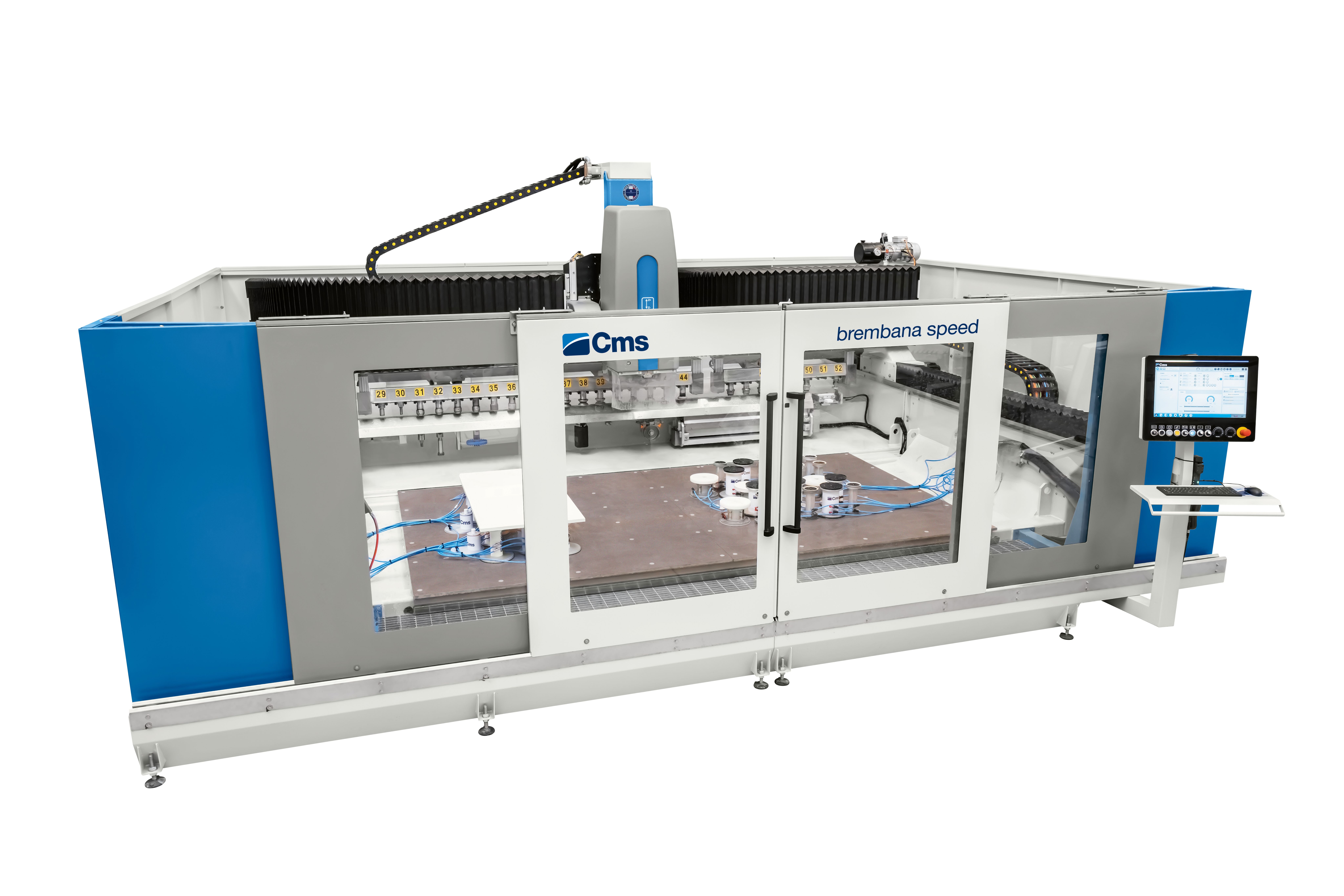 Monoblock 3- or 4-axis configuration with a single machining head and flexible working lengths.