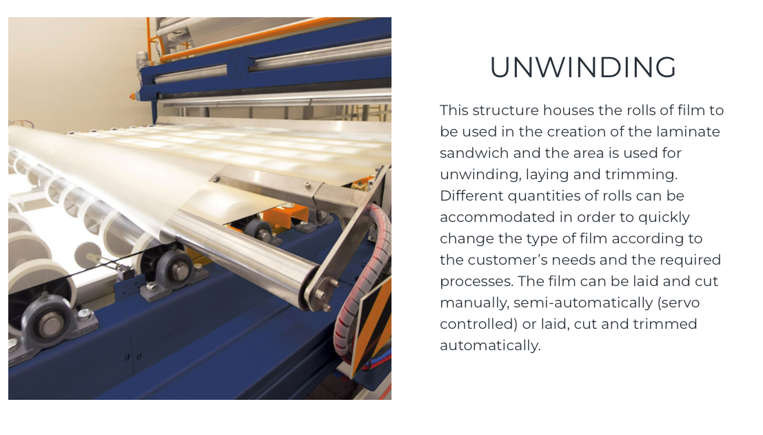 PVB film is unwound, positioned and cut with controlled accuracy to match the dimensions and construction of each laminated panel.