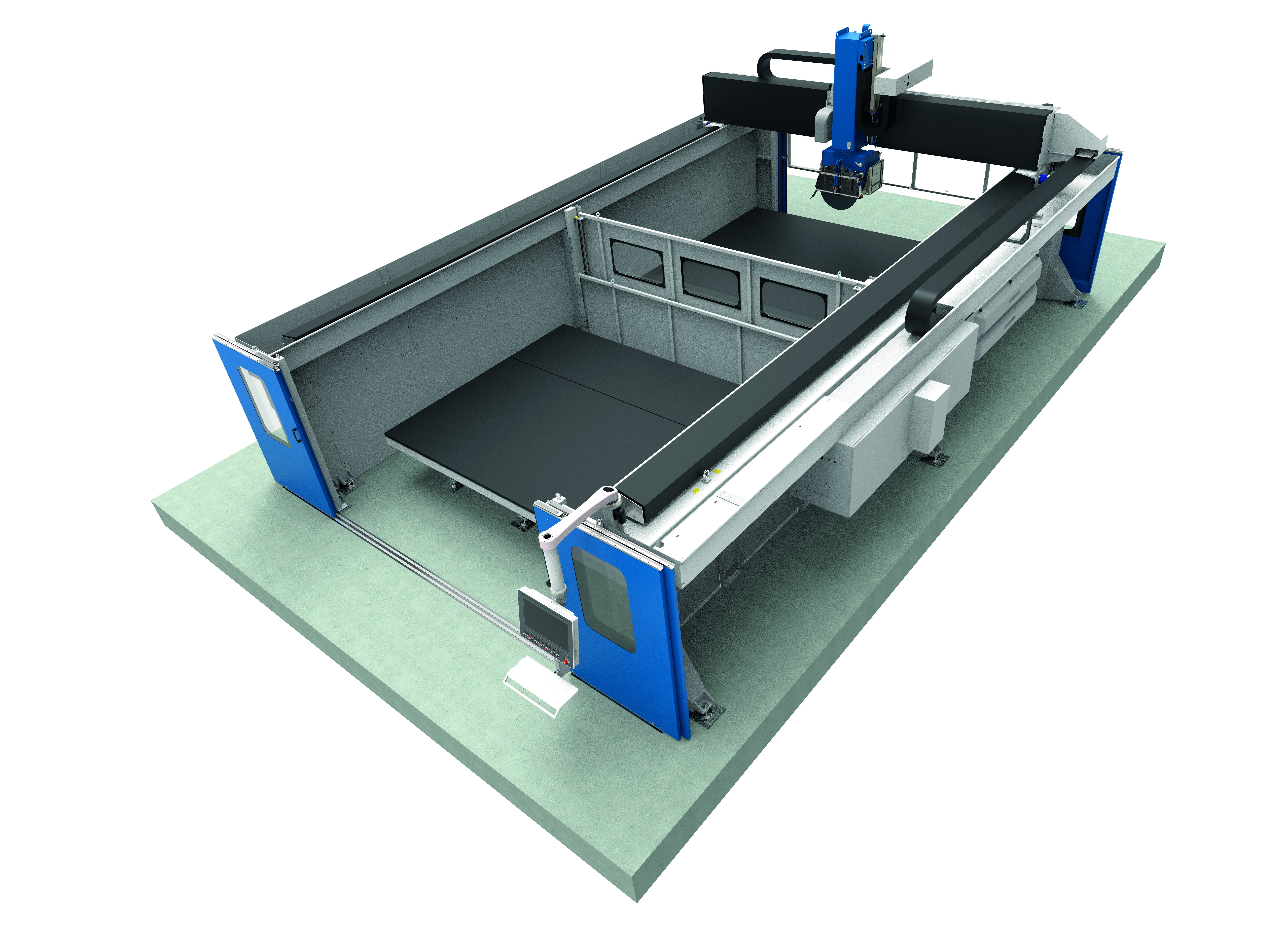 The CMS Brembana Gixa combines a 4250 mm bridge stroke, Z-axis travel up to 1400 mm and blades up to 1200 mm for demanding slab and block machining.