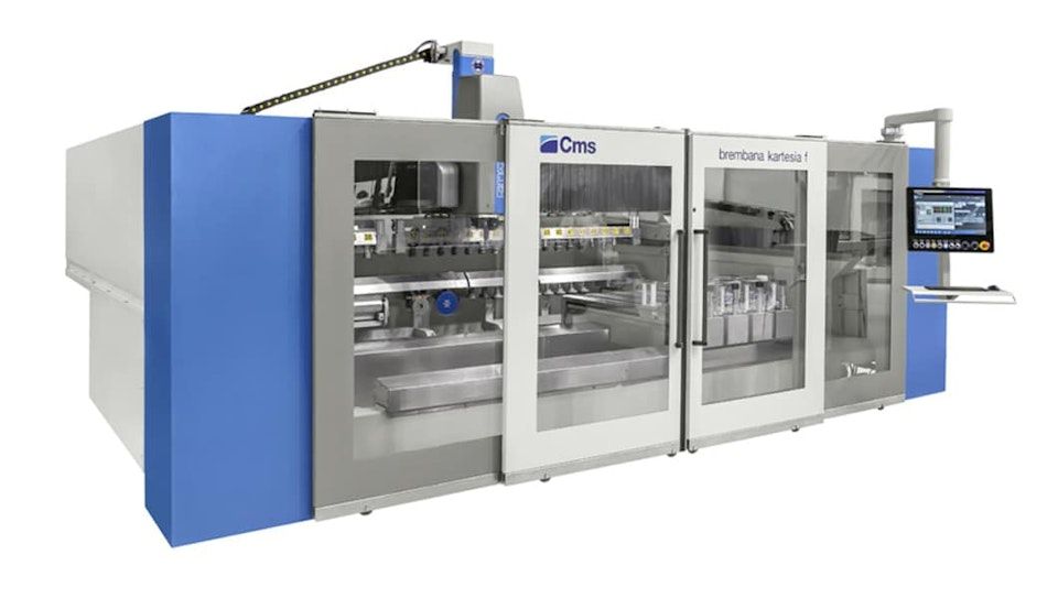 CMS Brembana Kartesia F CNC stone machining centre with automatic suction-cup positioning for worktop production.