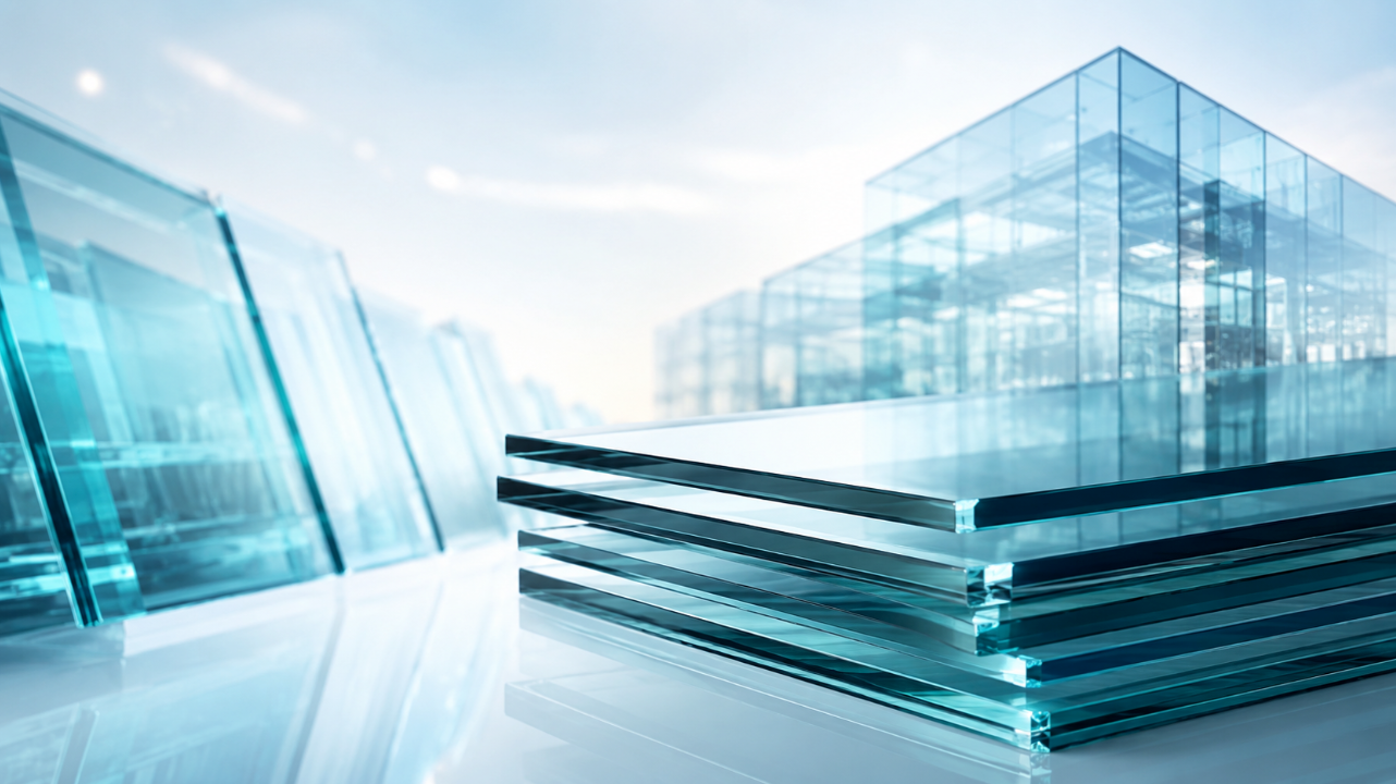 Stacked sheets of float glass glowing at the edges