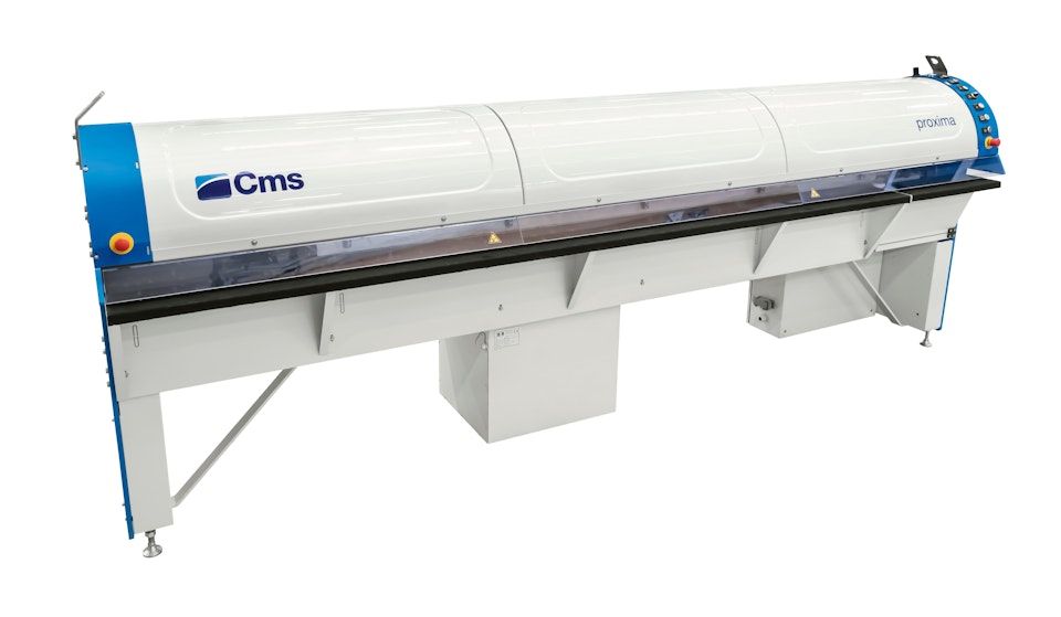 CMS Proxima automatic horizontal dry seaming machine for processing glass directly after cutting.