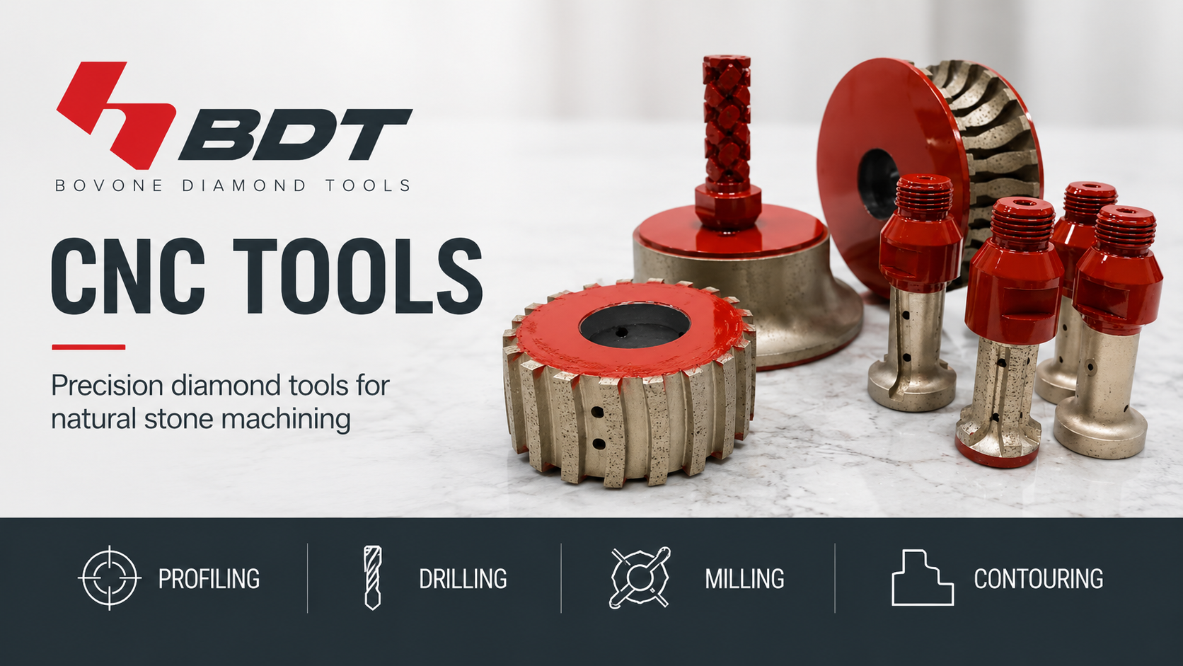 Bovone Diamond Tools range of diamond wheels, CNC tools, drills and cutters for natural stone, ceramic and engineered surfaces.