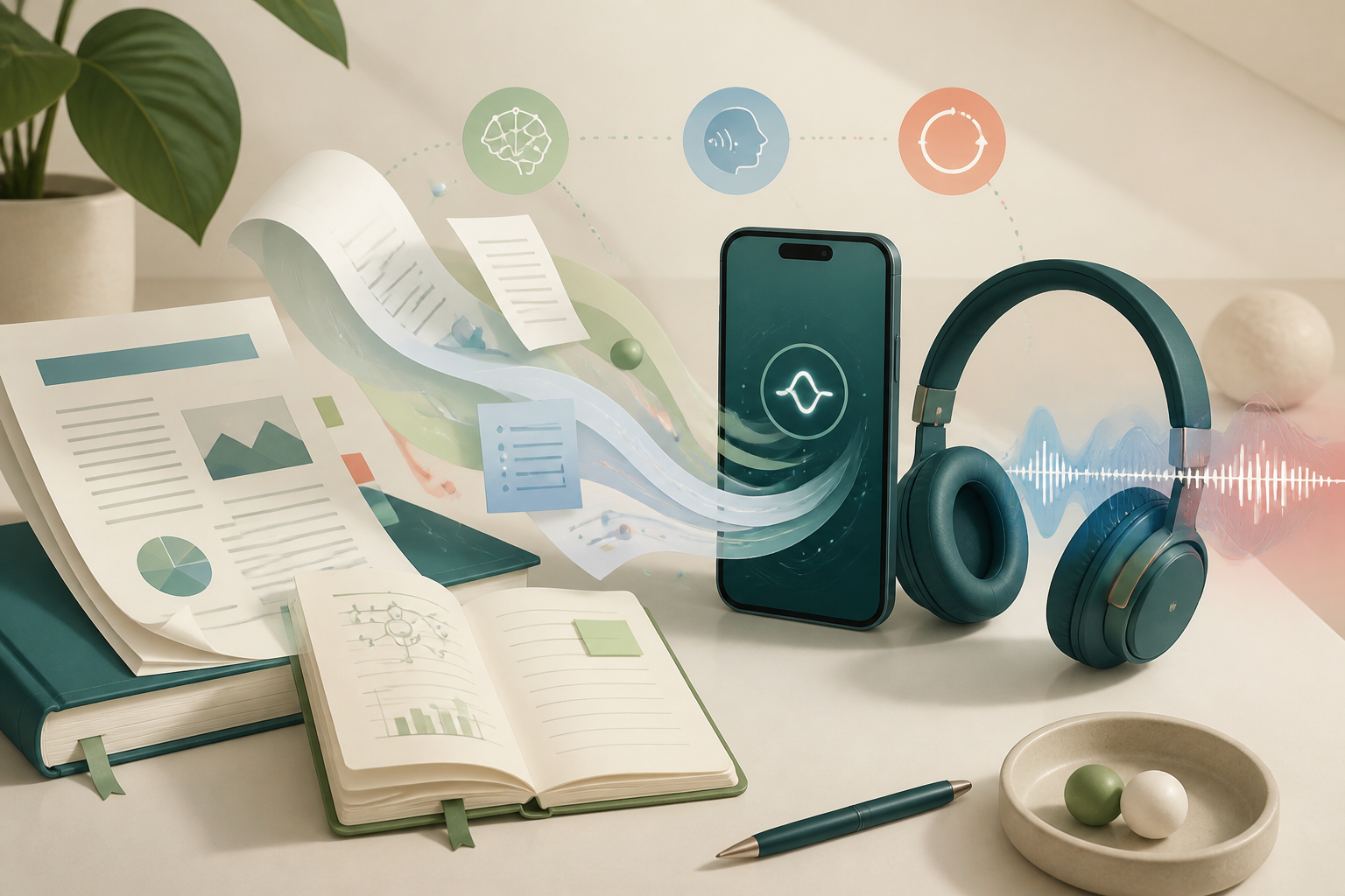An ebook, report, and notes flow into a phone and headphones, representing smooth AI narration for complex files.