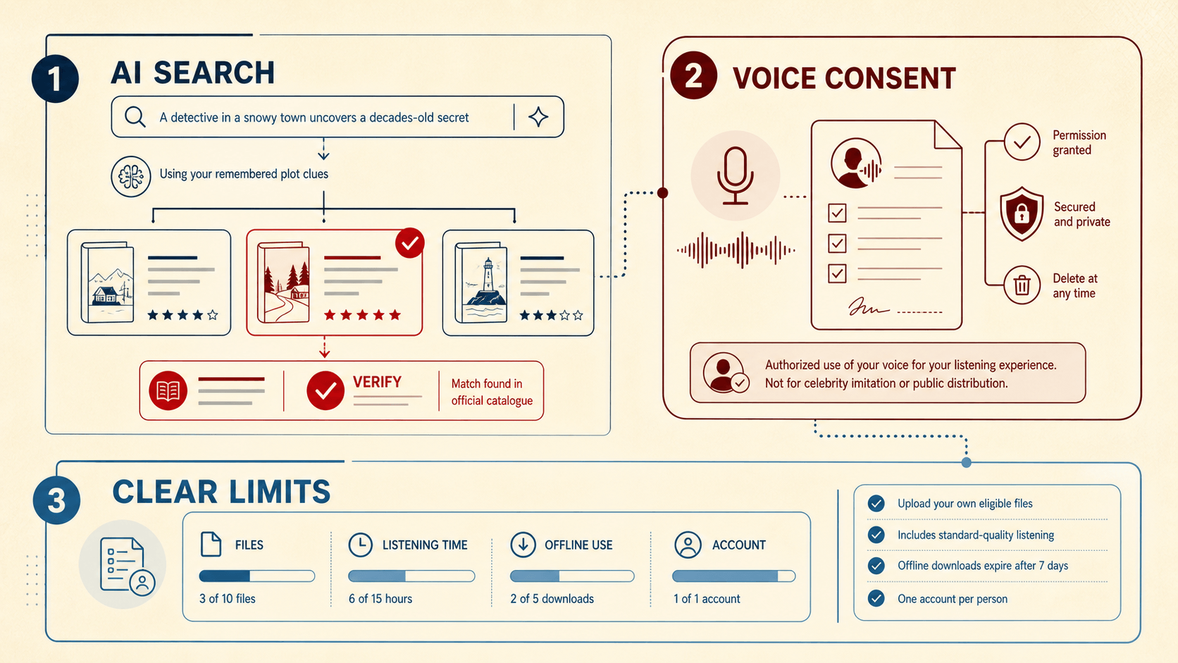 Editorial infographic showing verified AI book search, consent-based voice cloning, and clearly explained TTS app usage limits.