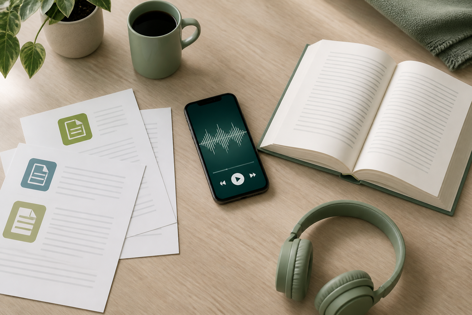 Document cards flow through an audio waveform to a phone and headphones, representing EPUB, PDF, and DOCX files prepared for a workout listening queue.
