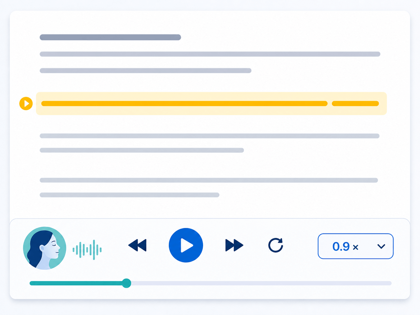 An interface of a clean reader highlighting the current sentence in yellow and displaying replay buttons and 0.9x speed control.