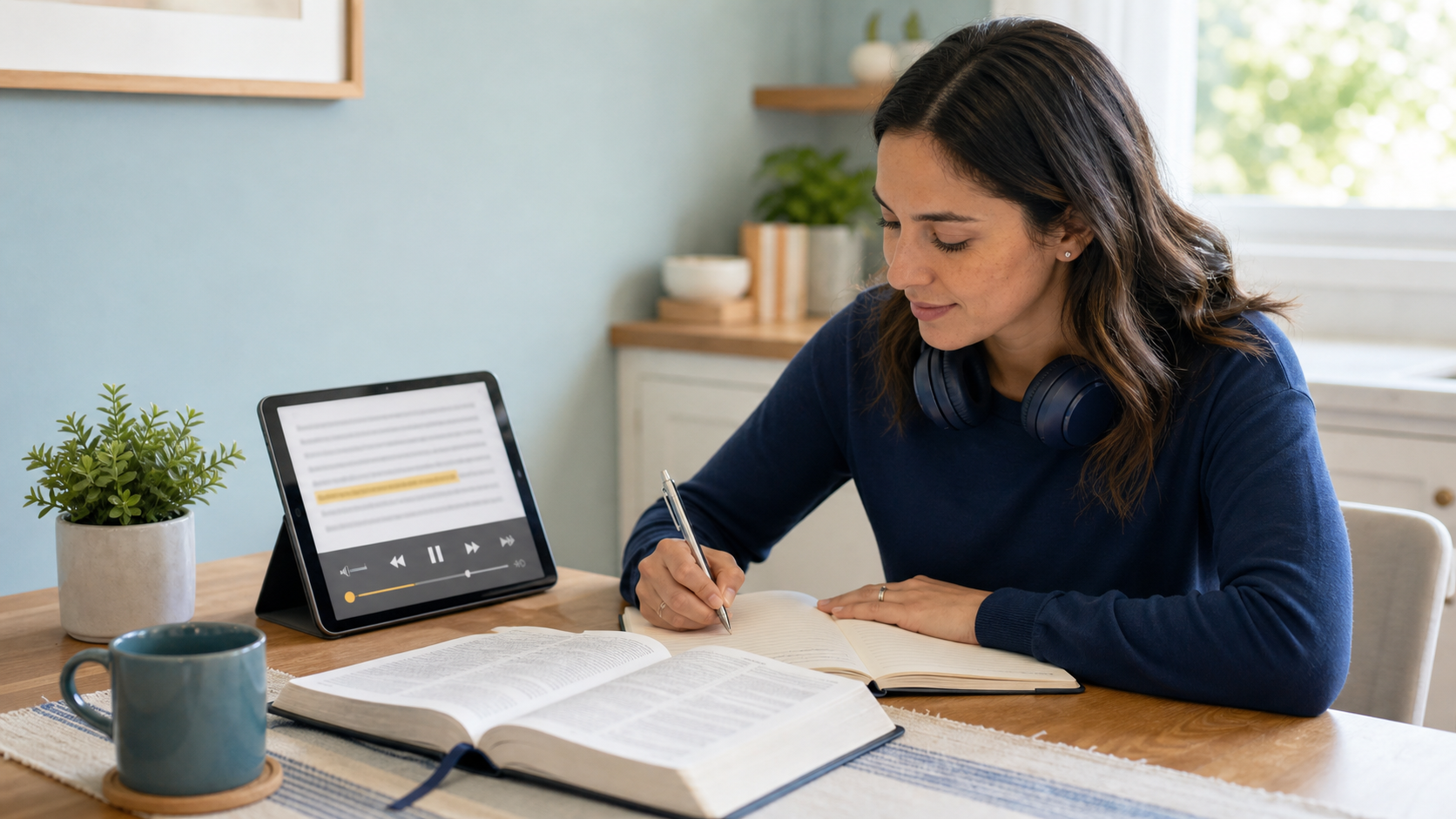 Woman building a women's Bible routine with a Bible, journal, and audio reader